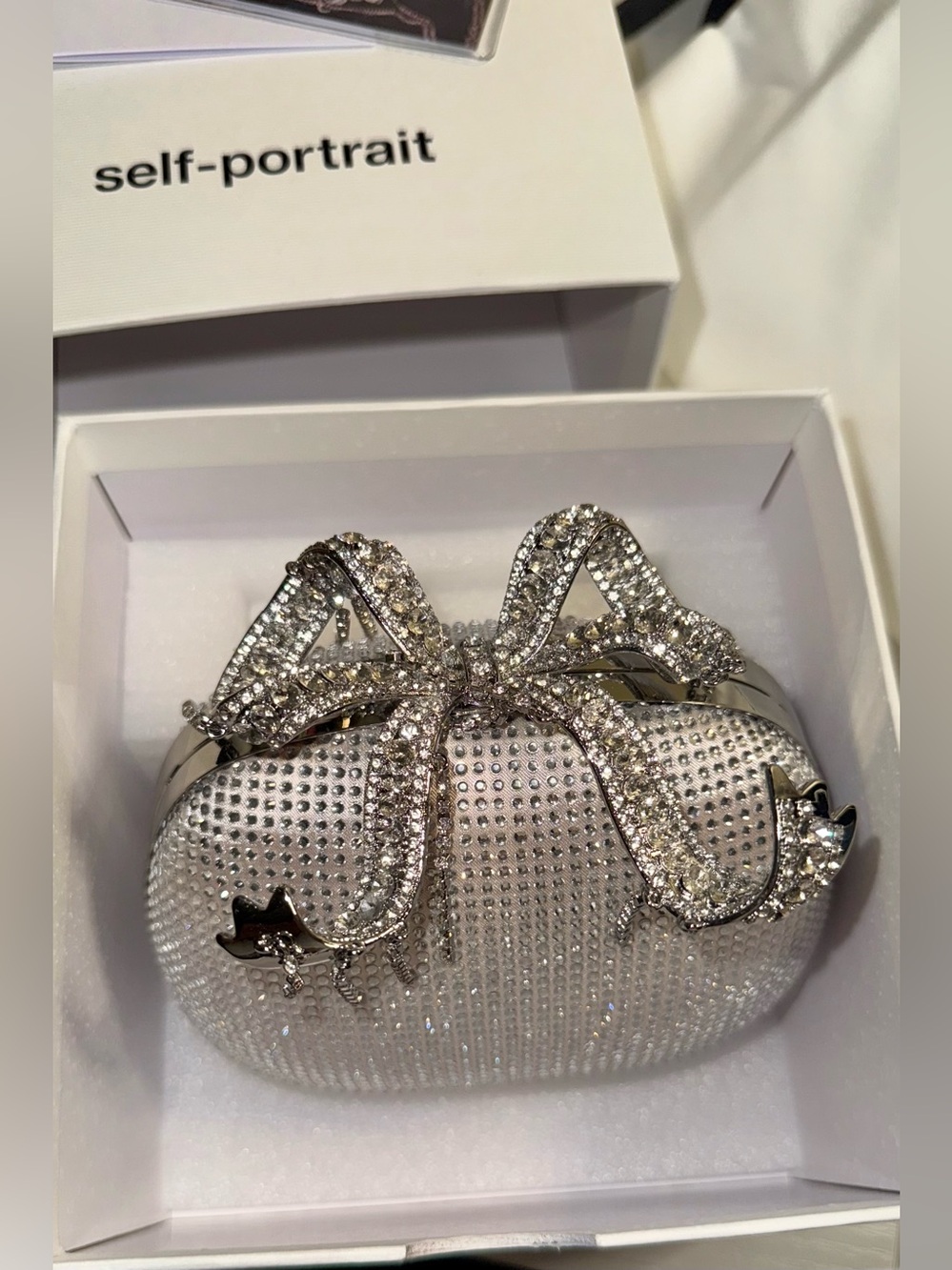 Self-Portrait Silver Rhinestone Micro Bow Clutch Chain Crossbody Bag Box Set